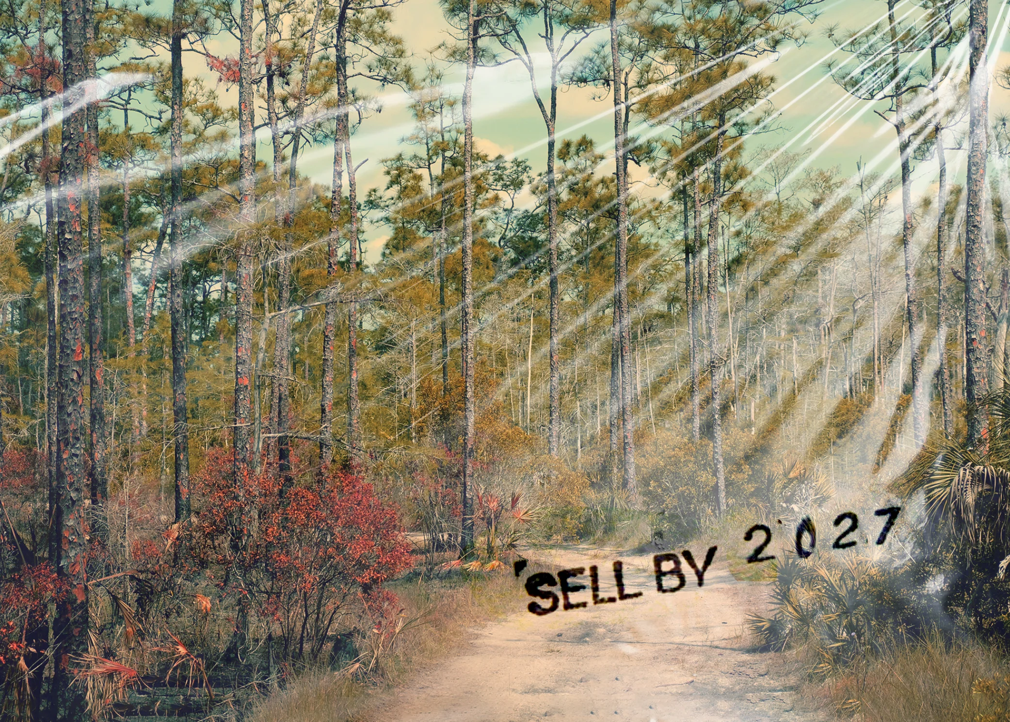A forest with tall trees and red shrubs under soft sunlight. Wrapped in plastic wrap, this photo has A Sell by 2027 stamp is overlaid, adding an intriguing, surreal contrast.